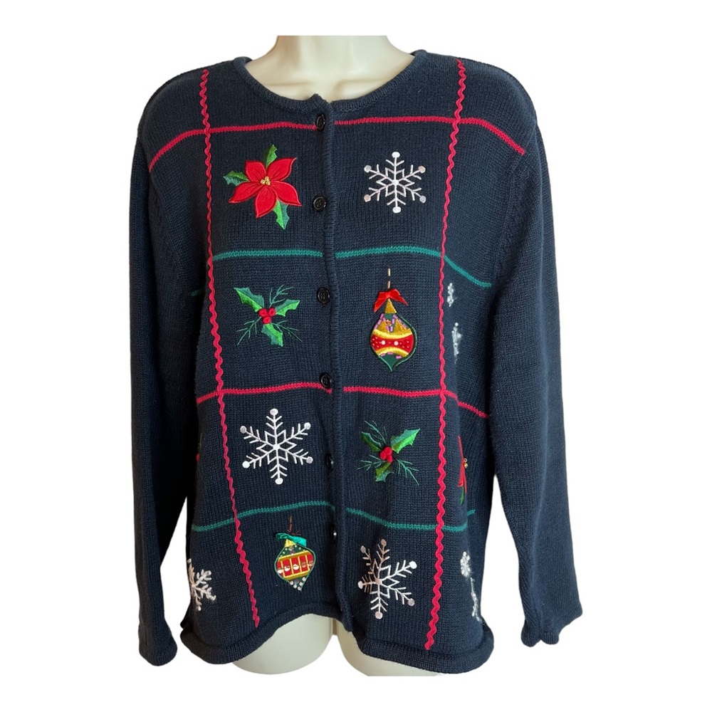 Vintage Cottagecore Crystal-Kobe Ugly Christmas Sweater Cardigan Poinsettia